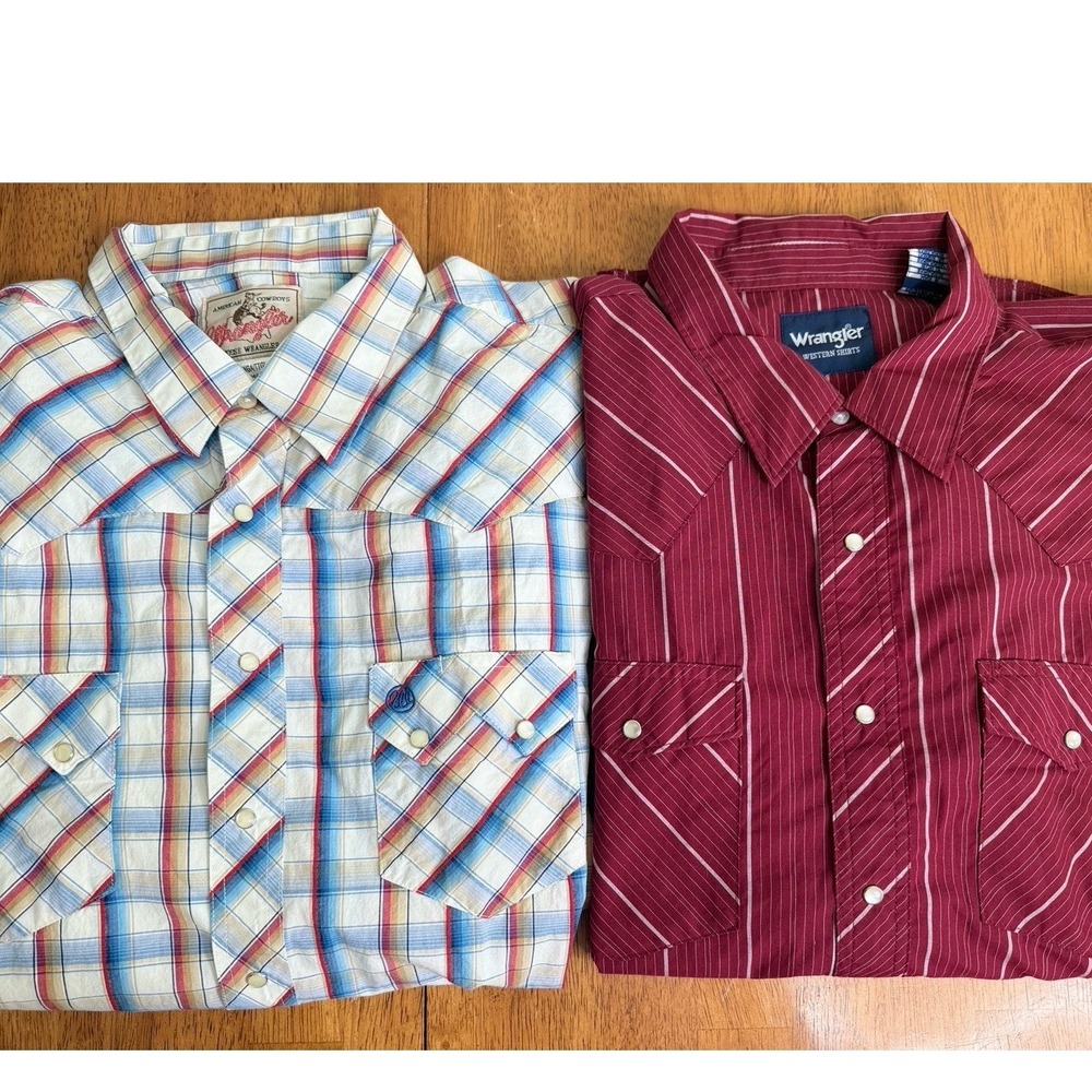 2 Vintage Wrangler Mens Pearl Snap Shirt Long Sleeve Western Cowboy 2XL Read